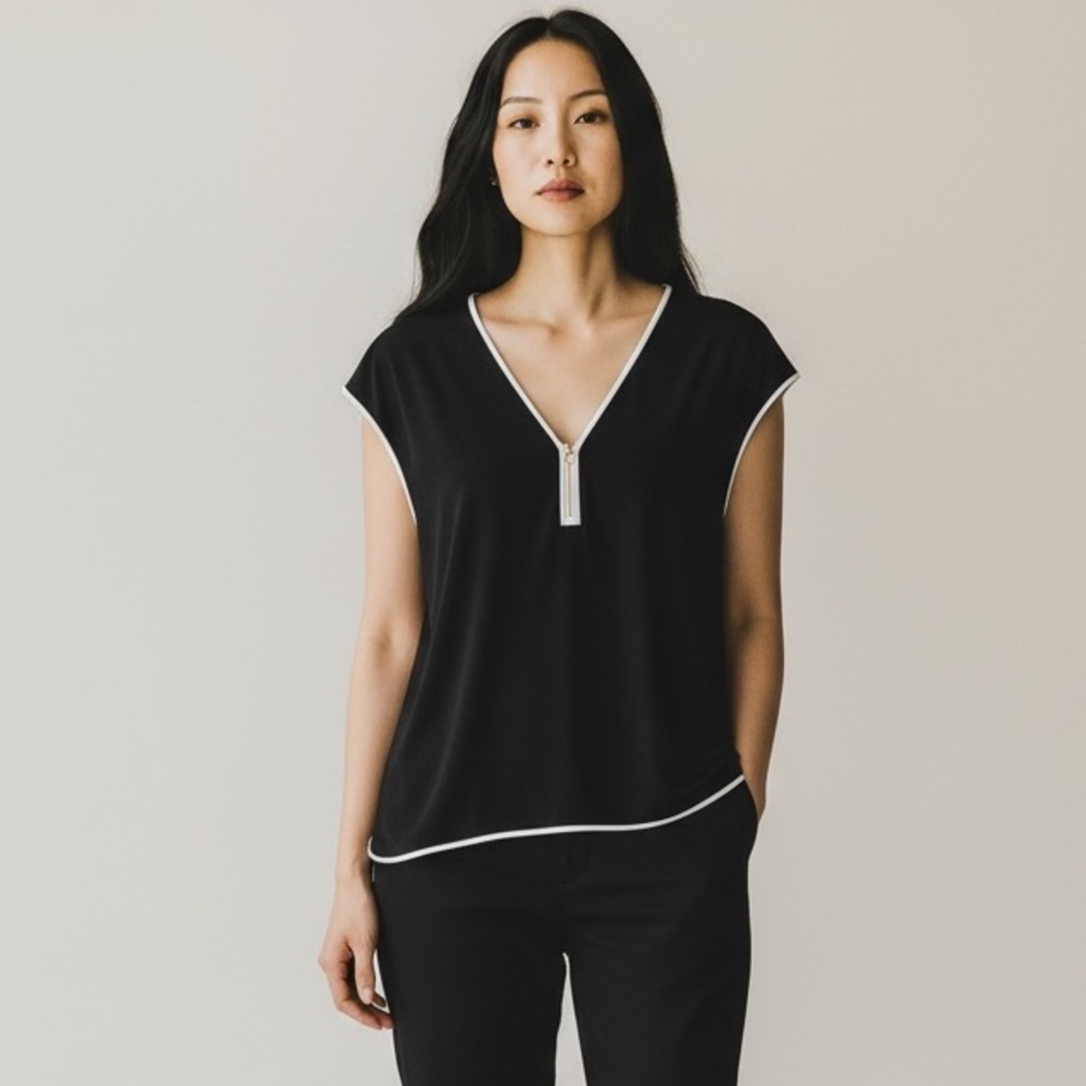 CALVIN KLEIN BLACK WHITE TRIM ZIP NECK SLEEVELESS TOP XL WORKWEAR CHIC CLASSIC